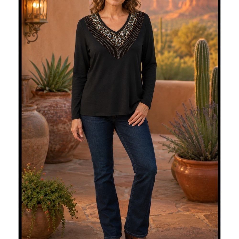 Chicos 2 M Beaded Silk Black V Neck Long Sleeve Silk Top Southwest Beaded